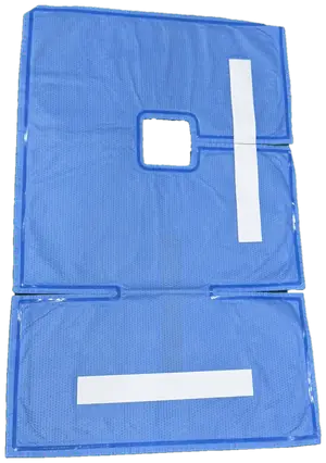 ScatterPro sterile disposable drape laid flat: a blue drape with a square opening, a slit to one edge and two white adhesive strips