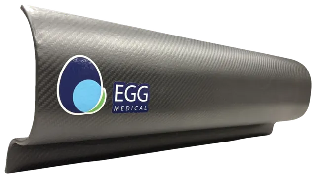 ScatterScoop: a curved carbon fiber arm support with the Egg Medical logo on its side